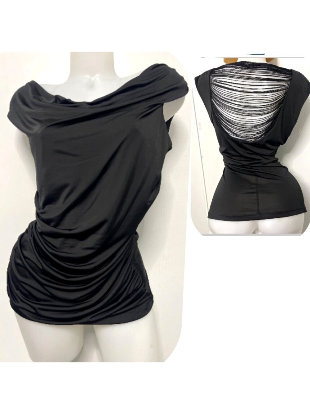 BCX Black Draped Top Open Strappy Back Blouse Women Size Large